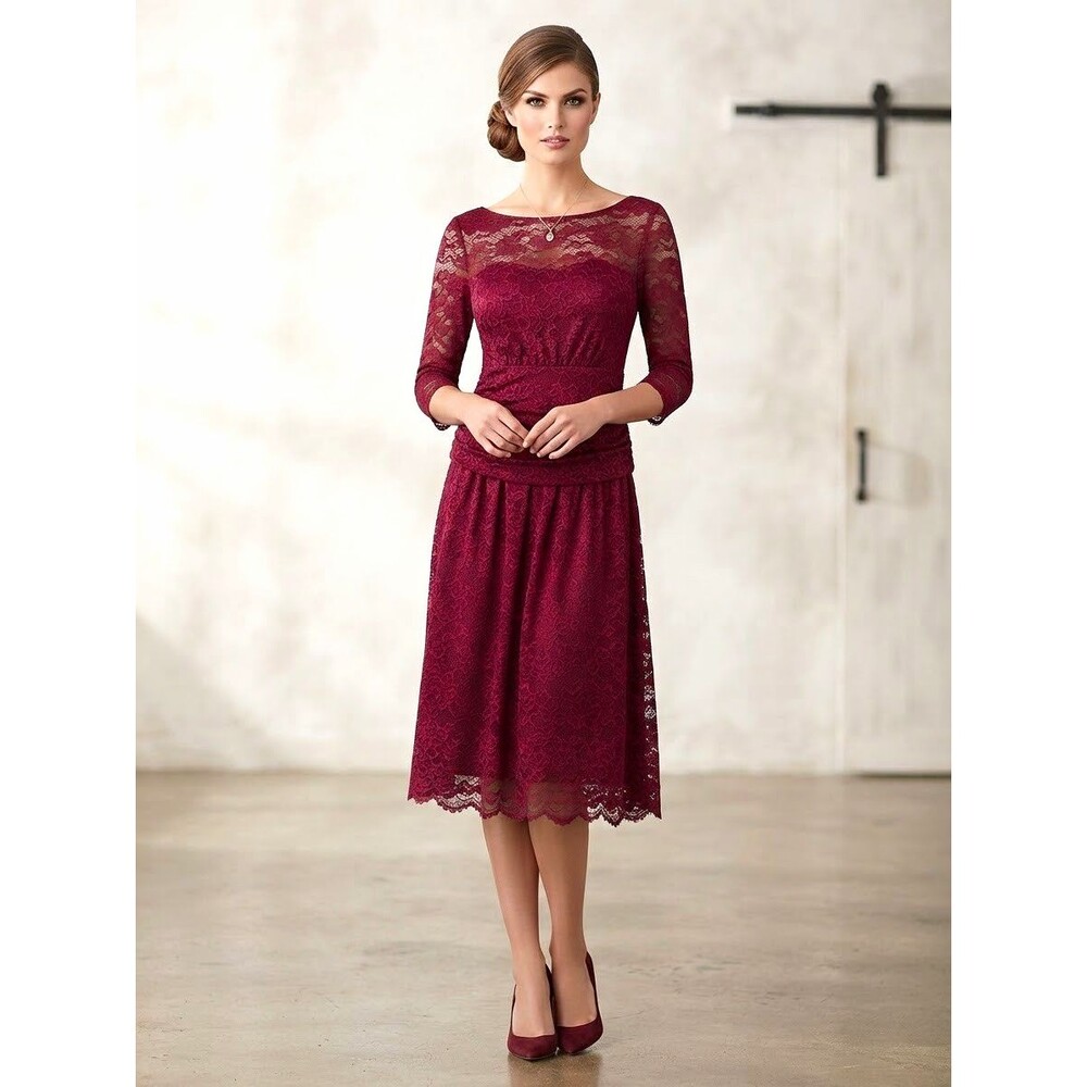 Kiyonna Burgan Floral Lace 3/4 Sleeve Lined Dress 0X 10/12